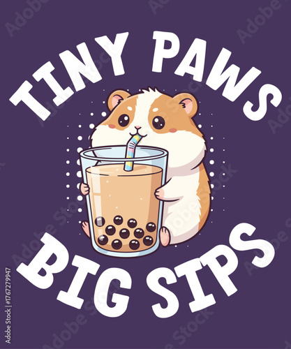 Cute hamster drinking boba tea kawaii vector illustration – adorable chubby hamster holding bubble tea cup with straw, perfect for funny t-shirt design, cute merchandise, and playful animal artwork
