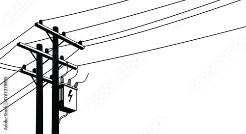 Electric power pole silhouette, utility infrastructure, transformer with lightning symbol, overhead transmission lines, energy distribution system, rural electrical grid, black and white vector