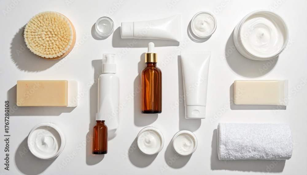 Obraz premium Beauty and wellness flat lay composition featuring skincare and self-care essentials