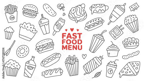 Quirky hand drawn fast food icons and text create a fun, vibrant visual for menus, posters, and digital content.