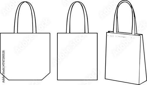 Tote bag technical fashion flat sketch front side and back view, reusable shopping bag design, eco friendly vector illustration