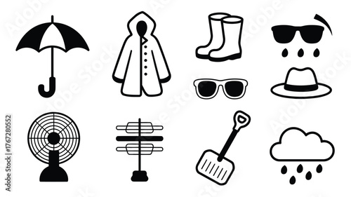 Icon collection featuring weather essentials like umbrellas, raincoats, boots, sunglasses, hats, fans, and shovels for diverse seasonal needs