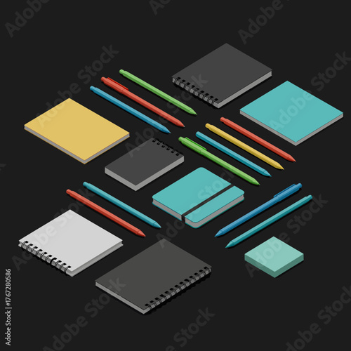 Isometric Stationery Collection Notebooks Pens and Sticky Notes.