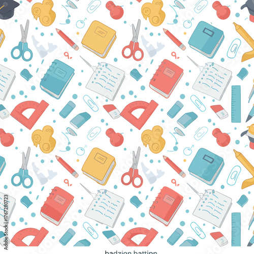School Supplies Seamless Pattern Background With Books And Scissors.