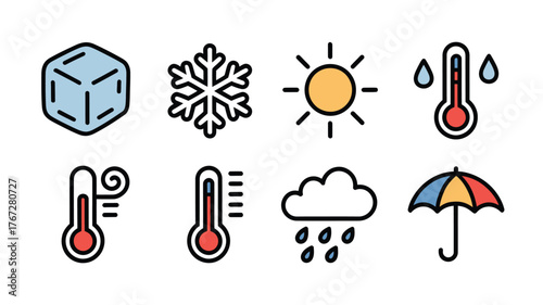 Diverse weather icons depict ice, snowflake, sun, thermometers, rain cloud, and umbrella for forecasting and climate concepts