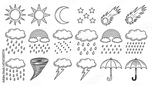 Whimsical hand drawn weather icons capture sunshine, rain, storms, and starry nights for creative projects
