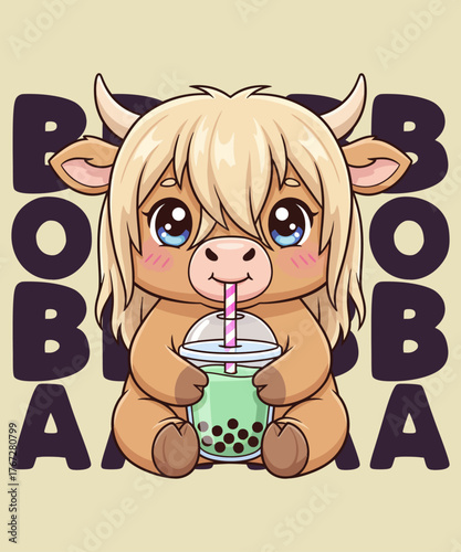 Adorable Highland cow drinking boba tea kawaii vector illustration – cute cartoon animal with bubble tea cup, perfect for funny t-shirt designs, kids apparel, and cute vector merchandise
