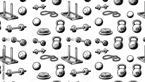 Dynamic fitness equipment pattern featuring kettlebells dumbbells ropes and weight plates perfect for sports gym and workout promotions