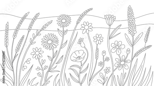 Delicate line art wildflowers and wheat stalks sway gently in a serene meadow landscape, evoking peaceful nature scenes and artistic creativity.