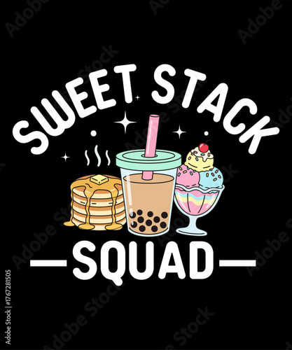 Sweet Stack Squad – cute kawaii illustration of pancakes, bubble tea, and ice cream sundae with smiling faces, perfect for dessert lovers, funny t-shirt designs, and adorable vector art for print-on-d