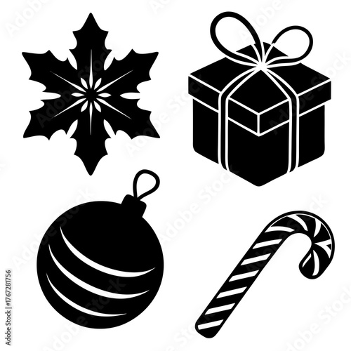 Holiday silhouette vector pack with bells, trees, and gifts — perfect for Christmas art.