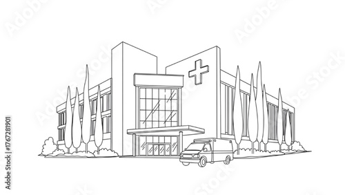 Modern Hospital Exterior Line Art with Ambulance and Glass Entrance — Minimalist Architectural Vector Illustration