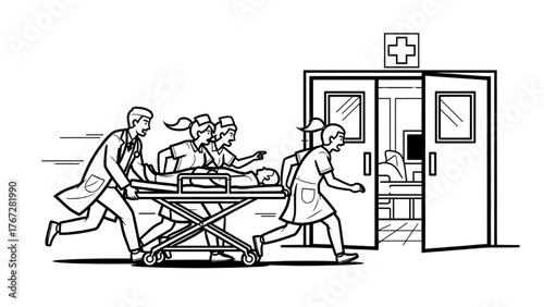 Emergency Room Line Art — Doctors and Nurses Rushing with Stretcher through ER Doors with Cross Sign