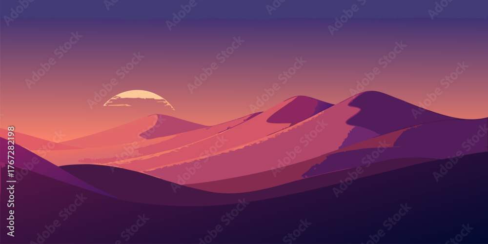Pixelated Desert Dunes at Sunset with Purple and Pink Hues