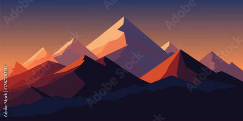 Geometric Mountain Range at Sunset with Warm Hues Keywords: mountain, sunset, landscape, nature