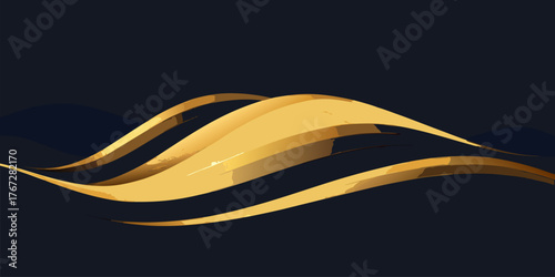 Golden Wavy Ribbons On Dark Blue Background abstract