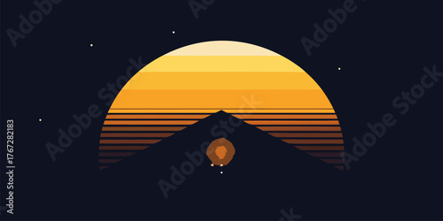 Minimalist Sunset Over Mountain with Campfire sunrise
