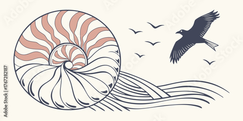 Nautilus Shell with Bird and Waves Illustration ocean