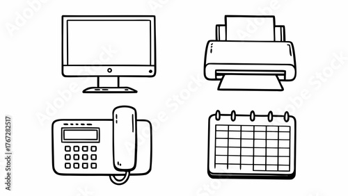 Illustration of office equipment including a computer, printer, phone and calendar in black and white