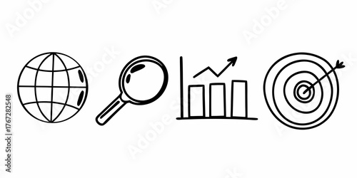 Doodle style illustration showing globe, magnifying glass, graph, and target in black and white color scheme