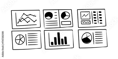 Hand drawn data visualization charts and graphs including pie bar and line charts in black and white style