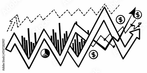 Black and white financial data with rising arrow charts and pie graph illustration showing growth trend