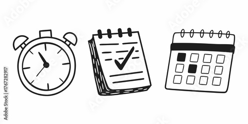 Doodle style illustration of an alarm clock, notepad with checkmark, and a calendar icon drawing