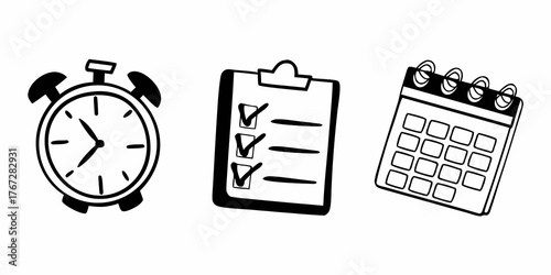 Illustration of a clock, clipboard with checkmarks, and a calendar in black and white outline style