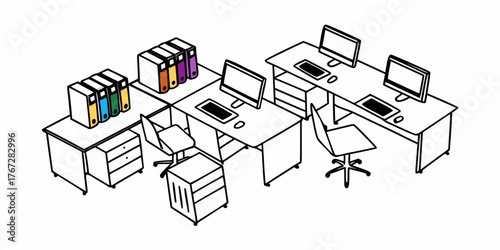 Illustration of office space with desks computers chairs and colorful file folders in a clean style