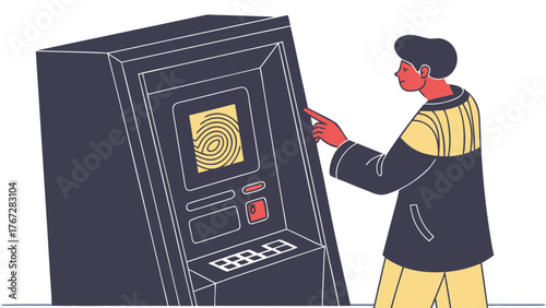 A man interacting with a large biometric authentication device via fingerprint recognition technology