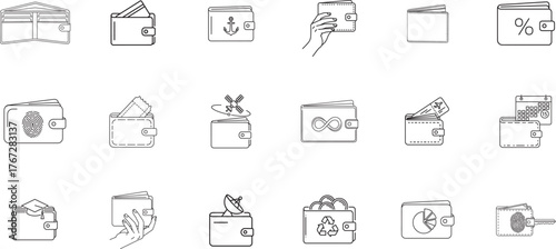 Collection of hand drawn sketch icons representing financial concepts and business ideas