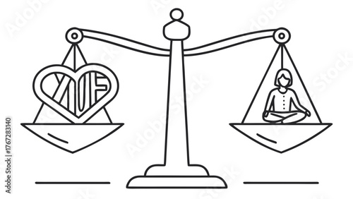 Balance scale showing love on one side and a person meditating on the other side in black and white