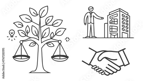 Illustration showing scales as a tree, a man near a building, and a handshake in a line art style