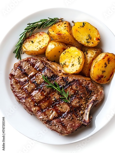 Grilled steak with roasted potatoes and rosemary isolated on white background