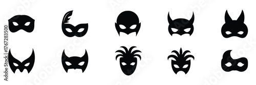 Festive masks silhouette in black on a white background. Carnival masks silhouettes set. Masquerade masks. Carnival mask icon vector isolated on white background. Perfect for web and mobile app design