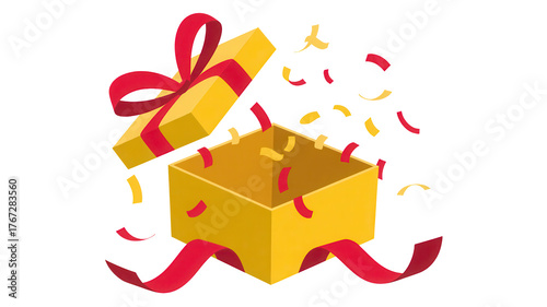 Bright yellow gift box with red ribbon and red and gold confetti exploding from an open lid isolated on transparent background