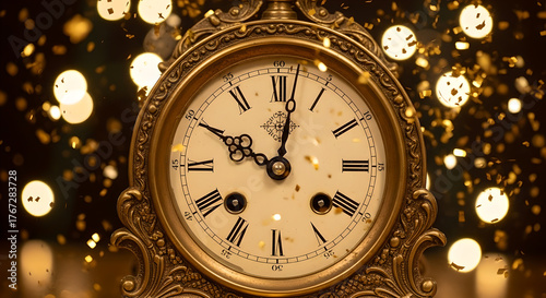 Golden Antique Clock Striking Midnight for New Year's Countdown with Confetti