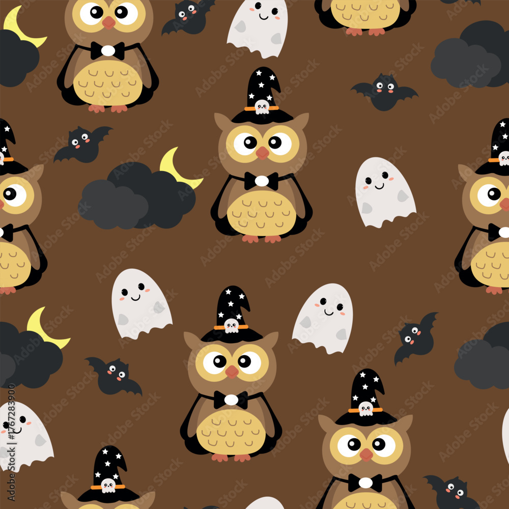 Naklejka premium Seamless pattern cute owl halloween costumes and halloween ghost element drawing. cute drawing for wallpaper and background