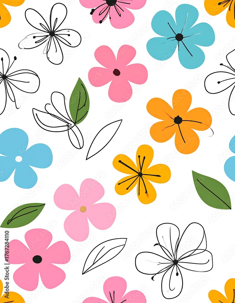 Obraz premium Colorful floral arrangement with outlines and solid colors on a white background