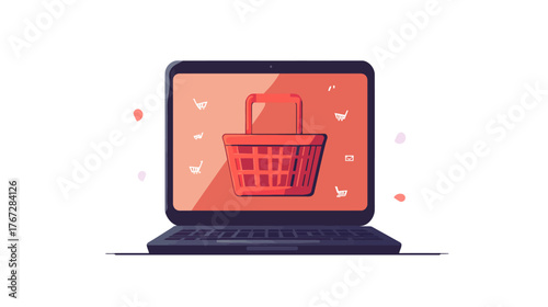 Laptop with Shopping Basket Icon in Modern Online Market Environment
