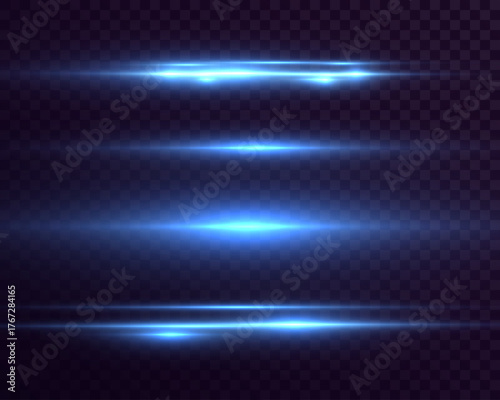 Abstract glowing blue light beams and streaks with shine and reflection on dark background.
