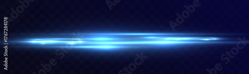 Abstract glowing blue light beams and streaks with shine and reflection on dark background.