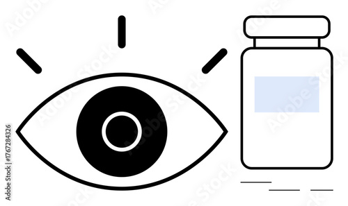 Large open eye with surrounding lines symbolizing focus next to a medicine bottle. Ideal for healthcare, vision care, wellness, medical treatments, eye health, ophthalmology, minimalistic branding. A