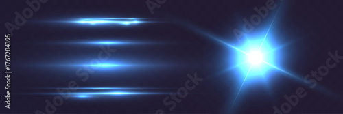 Abstract glowing blue light beams and streaks with shine and reflection on dark background.