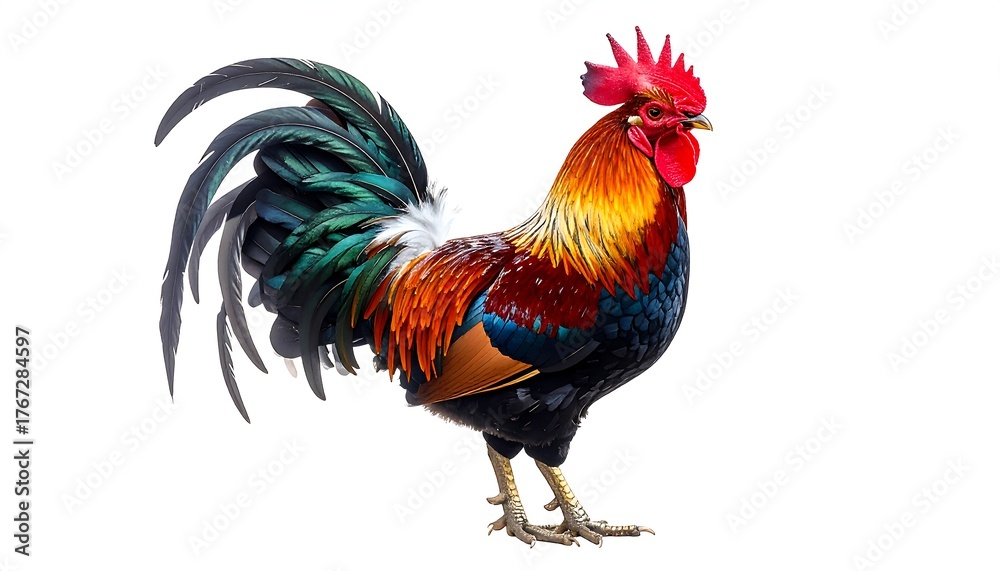 Fototapeta premium Colorful fowl, vibrant plumage, red crest, standing against white background