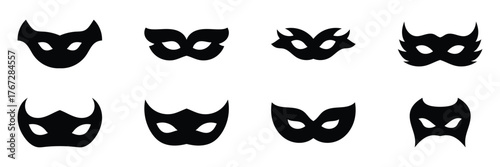 Carnival masks silhouettes icon set. Simple black icons masquerade mask, for party, parade, carnival, Halloween. Mask elements isolated sign, symbol. Vector illustration. EPS 10