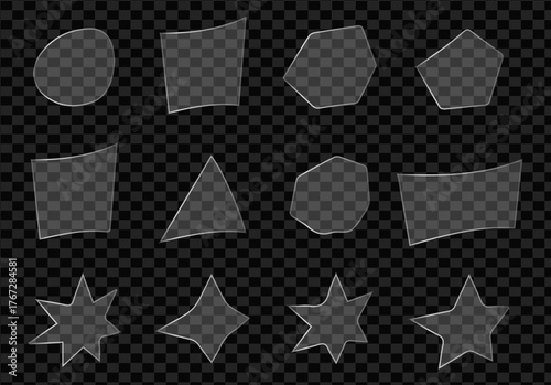 Set of transparent, fractured, and broken glass fragments: irregular geometric shapes, polygons, and starburst designs with sharp edges