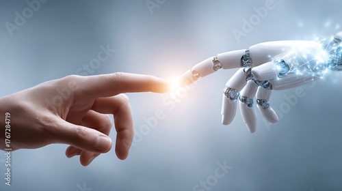 Human and robot fingers touching with glowing light connection