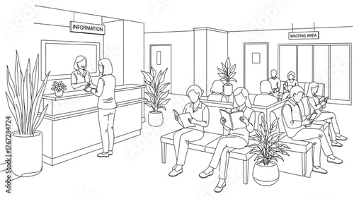 Hospital Reception Line Art — Receptionist Greeting Visitors with Patients in Waiting Area, Minimal Continuous Vector Illustration