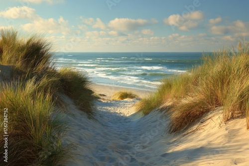 Beautiful dunes of Northern Germany's North Sea beach inviting visitors to enjoy the peaceful waves and vibrant natural scenery during a sunny day